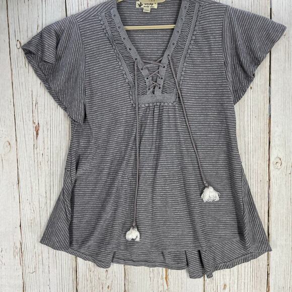 Unity World Wear Tops - Unity World Wear Boho Tunic Top Women Size M Gray Striped Lace Up Short Sleeves